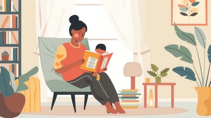 A mother sits in a comfortable chair, reading a book to her young child. The warm and inviting setting is perfect for fostering a love of reading. Generative AI