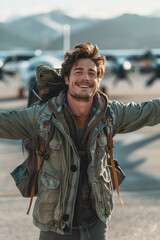 Naklejka premium Caucasian male tourist arriving at the airport.