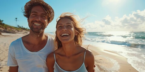 Happy couple on the beach with azure sea and rocky mountains in the background