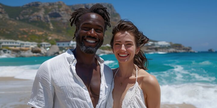 interracial couple on the beach: a smiling African American man with dreadlocks and a beard, and a Caucasian woman - Powered by Adobe