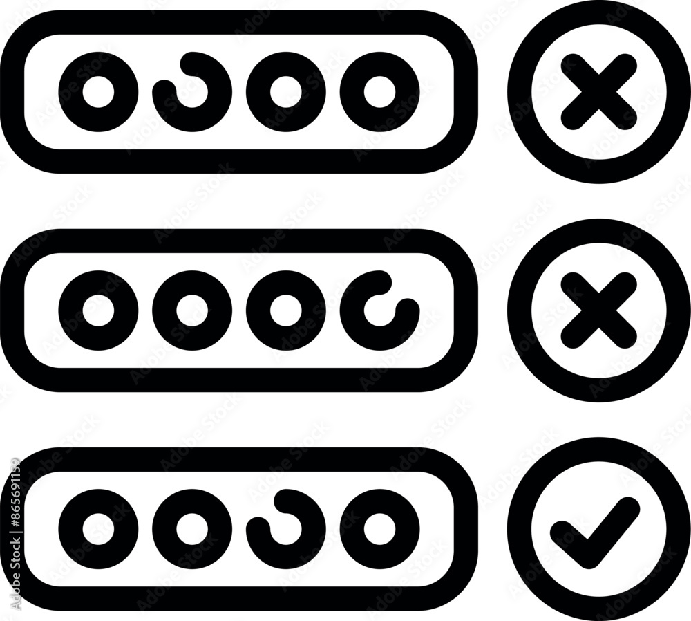 Poster loading bar icon set is showing progress and result with checkmark and cross icons