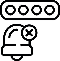 Line art icon of a bell with a red cancel symbol superimposed and four dots representing messages above