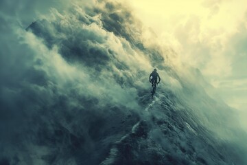 Fototapeta premium A lone cyclist rides up a steep, rocky mountain path surrounded by clouds.