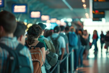A long line of passengers waits at an airport gate, likely for a delayed or canceled flight due to overbooking.