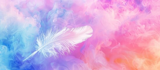 Obraz premium Feather Patterns in Multicolored Background with Soft White Fluffy Feather and Pastel Neon Mist.