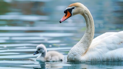 Naklejka premium Swan swimming with baby