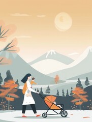 Fototapeta premium A mother pushes her child in a stroller, enjoying a leisurely walk through a beautiful fall landscape. Generative AI