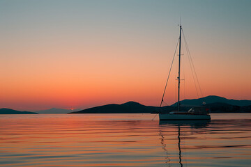 Tranquil sunset over Aegean Sea hues of orange pink reflecting off calm waters
