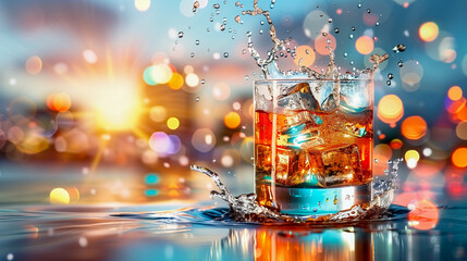 A glass of iced beverage sits in a pool of water, surrounded by a colorful bokeh of city lights