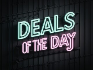 Obraz premium Neon sign displaying deals of the day in vibrant colors, ideal for marketing campaigns, retail stores, and promotional advertising. eye-catching and trendy design.