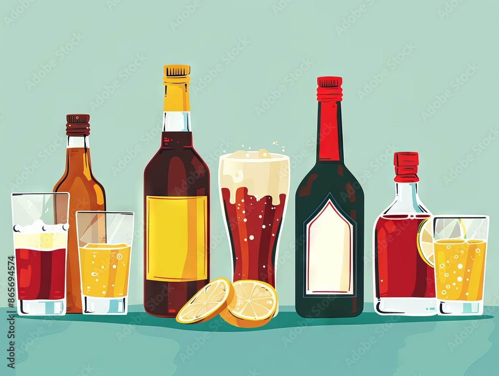 Wall mural colorful assortment of alcoholic beverages with glasses and slices of lemon, bar and drink concept