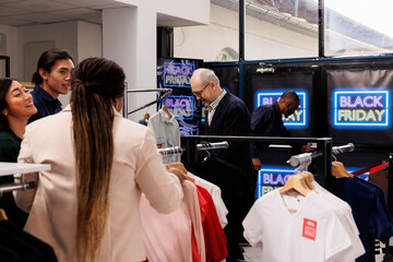Black Friday store traffic. Diverse people customers buying clothes at discounted prices during sales, crowd of shoppers in shopping mall, hunting for bargains during seasonal fashion discounts