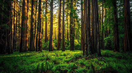 Obraz premium Vibrant landscape of the Redwood National Park in California featuring the tallest trees on Earth
