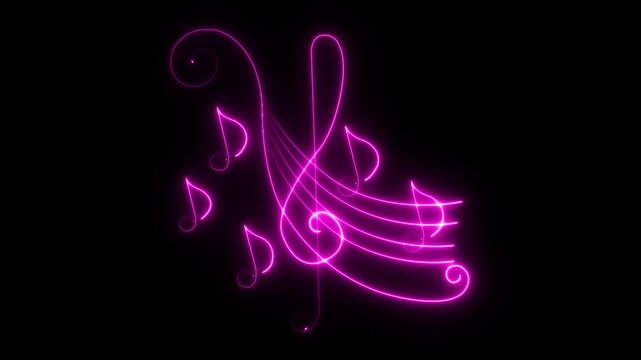 Neon music sheet. Line art. Musical symbols. Isolated on black background. Neon lines. Glowing music icons. Treble Clef. Music note. Musical notes. Music love. Melody, classical, sound design. 
