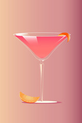 Cosmopolitan cocktail with orange slices against pink gradient background. Vector illustration. Creative design. Concept of alcohol drink, bar menu, refreshment, relaxation.