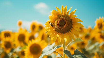 Fototapeta premium Vibrant sunflower field Tuscany Italy during peak of summer row of golden bloom stretching towards sun under clear blue sky 