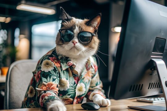 Stylish cat with sunglasses working on computer in chic office, creating modern work environment