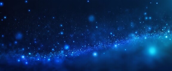 Fototapeta premium Abstract background image with bokeh in blue and purple tones, creating the effect of a shimmering and magical space with bright spots of light, wide banner