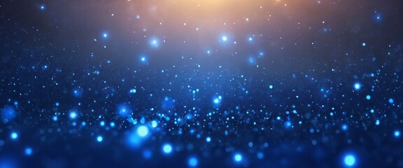 Abstract background image with bokeh in blue and purple tones, creating the effect of a shimmering and magical space with bright spots of light, wide banner