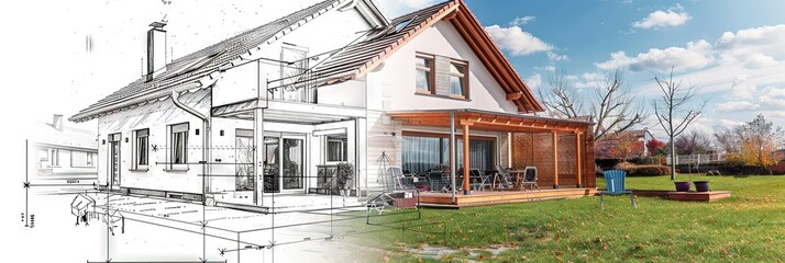 house concept with half photo and half architectural blueprint sketch. Half and half photo for new home construction and completion concept