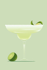 Margarita cocktail in a salt-rimmed margarita glass, garnished with lime against light green background. Vector illustration. Creative design. Alcohol drink, bar menu, refreshment, relaxation concept