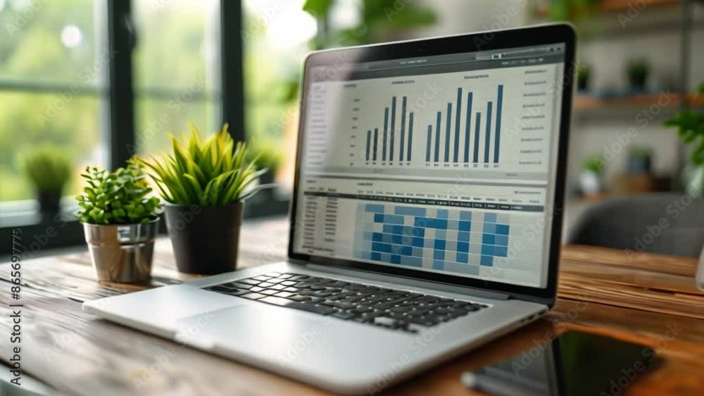 Poster This Laptop with Data Charts and Graphs on a Wooden Desk with Plants in the Background.