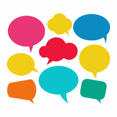 Multicolored speech bubbles on white backdrop, suggesting lively conversations