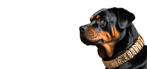 Obraz premium Rottweiler dog wearing a bling gold jewelry collar isolated on a white background