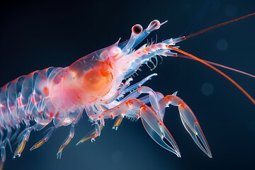 Amidst freezing water of Weddell Sea intricate beauty of Antarctic krill revealed through lens of macrophotography setup Using specialized lighting technique translucent body delicate appendage of