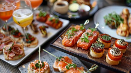 Finger foods served with cocktails before dinner. Often available at cocktail bars.