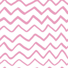 seamless background cute geometric background for children. rimitive, careless sketch. Pink zigzag texture on white background. Pastel print
