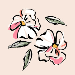 Botanical set of abstract flowers and leaves. Hand drawing flowers. Sketch drawing of black outlines of white pink-orange strokes.