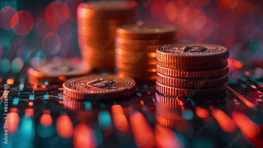 Poster this close-up image of gold coins stacked on a colorful digital background.