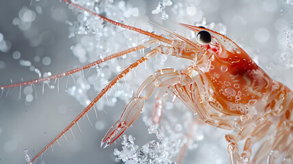 Amidst frozen landscape of Antarctica otherworldly presence of Antarctic krill becomes apparent under lens of macrophotography setup Using specialized macro lens intricate detail of essential link