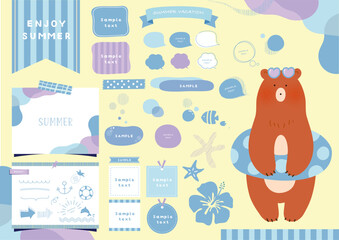 Fototapeta premium ゆるくてかわいい浮き輪とサングラスをした熊のイラスト素材セット 夏 海