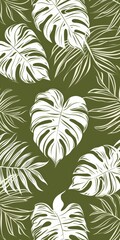 Monochrome leaves in a tropical pattern with white outlines on a green background, ideal for wallpaper, prints, and cards, offering a fresh, botanical aesthetic.