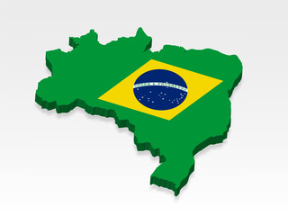 3D  Brazil  map with flag. Three dimensional map of Brazil  with shadow. Flag of Brazil  on white background for your design, app, UI.  Stock vector. EPS10.