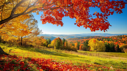 Amidst rolling hill of Vermont USA vibrant hue of red orange gold paint landscape maple tree ablaze autumn color stand contrast against clear blue sky Using wideangle lens picturesque scene capture