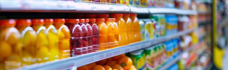 Bottles of Juices and Drinks on Store Shelf