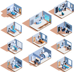 isometric set of different rooms in hospital, vector illustration