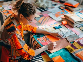 Creative Designer Conceptualizing Sustainable Fashion Collection Surrounded by Colorful Textiles