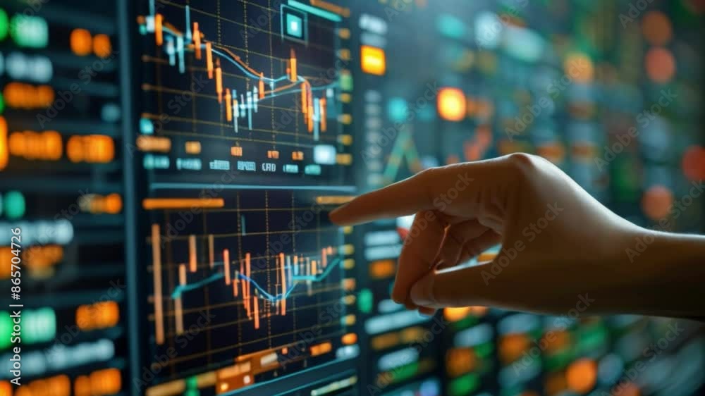Poster This hand points at a stock market chart on a computer screen.