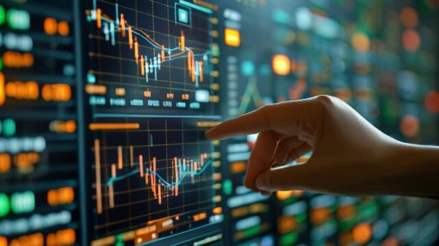 This hand points at a stock market chart on a computer screen.
