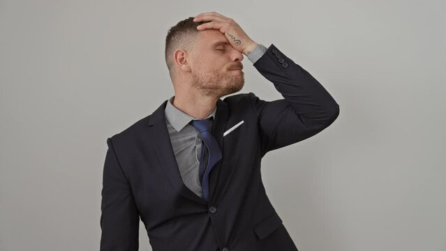 Young hispanic man, wearing suit, remembers mistake with hand on head, isolated over white background, a display of memory error and regret