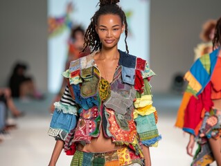 Naklejka premium Eco-Friendly High Fashion Showcasing Reclaimed Textiles on the Runway with Emphasis on the Leading Model