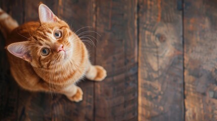 Ginger cat on wooden floor looking up top view blurred background space for text
