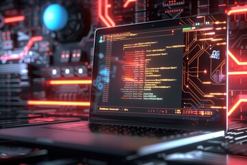 A detailed close-up of a laptop with JavaScript code on the screen, set within an immersive digital environment featuring animated circuit boards and IoT networks.