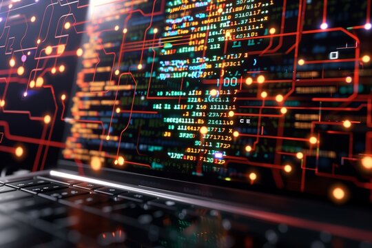 A detailed close-up of a laptop screen filled with JavaScript code, set within a virtual environment where digital connections and circuit patterns seamlessly merge.