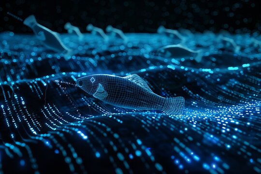 A digital ocean made of binary code waves, with data packets resembling digital fish swimming through it.