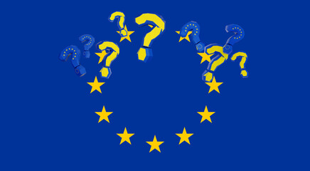 EU Europe design as questions or problems, question marks and yellow stars in the color of the flag of Europe, symbol symbolic isolated